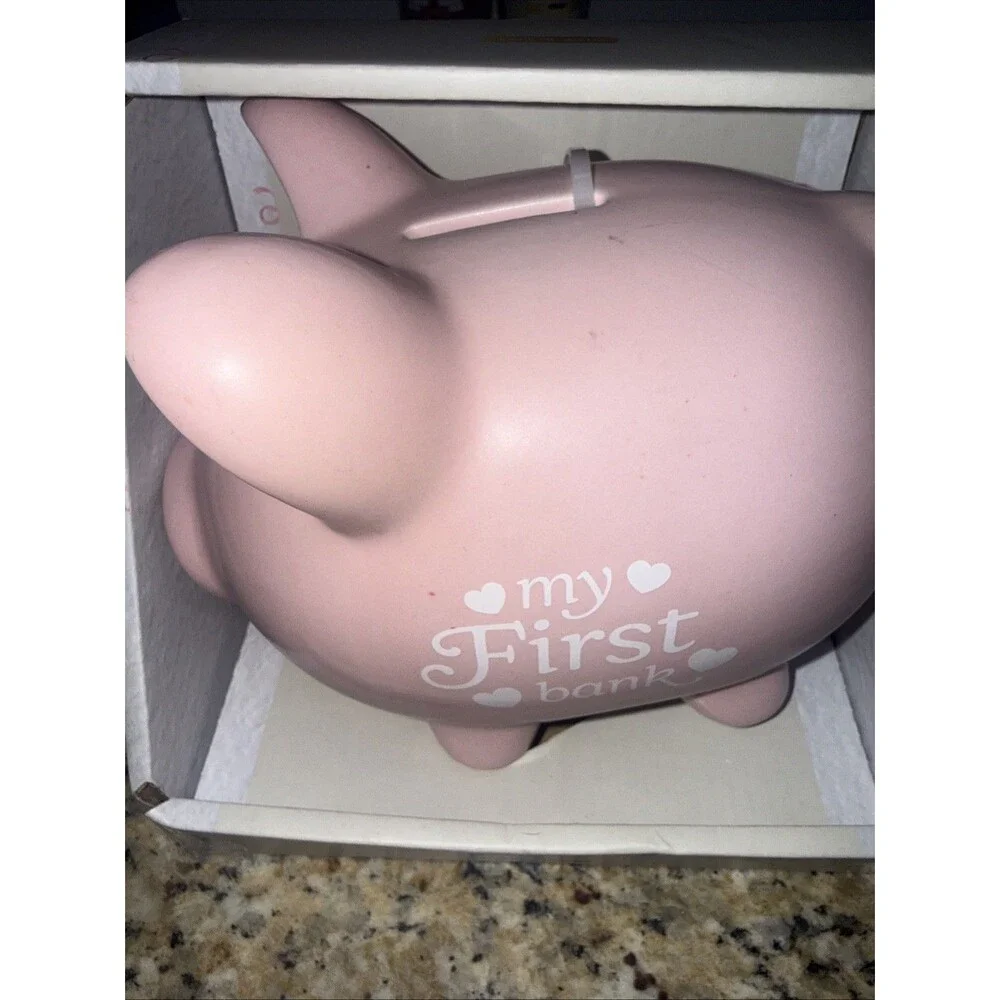 My First Piggy Bank Pink Coin Bank With Flowers Child’s Ceramic 8” X 6” Complete
